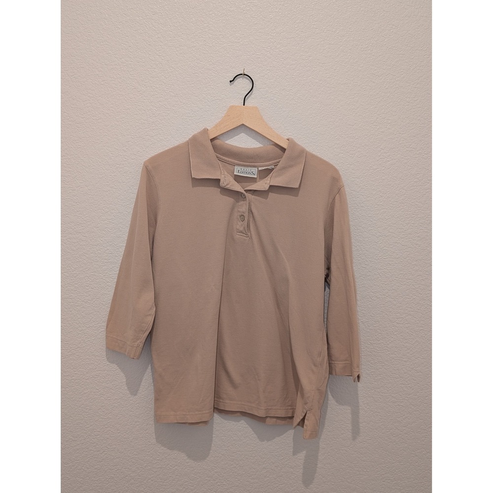 Basic Editions Tan Polo Shirt Womens 3/4 Sleeve Khaki Knit Top Medium